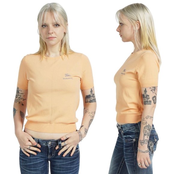 BURBERRY VTG Burberrys Peach Short Sleeve Knit Top - Picture 1 of 5